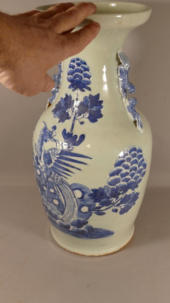 Vase Chinois Au Phoenix En Porcelaine Céladon Et Bleu époque XIX ème-photo-2