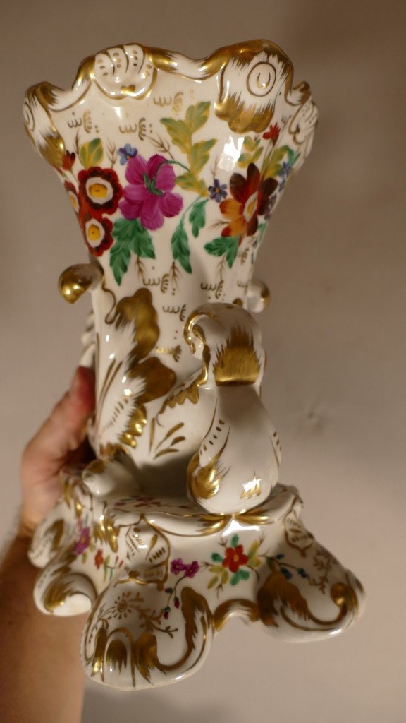 Pair Of Rhyton Vases In Paris Porcelain Enameled With Flowers, XIXth-photo-5