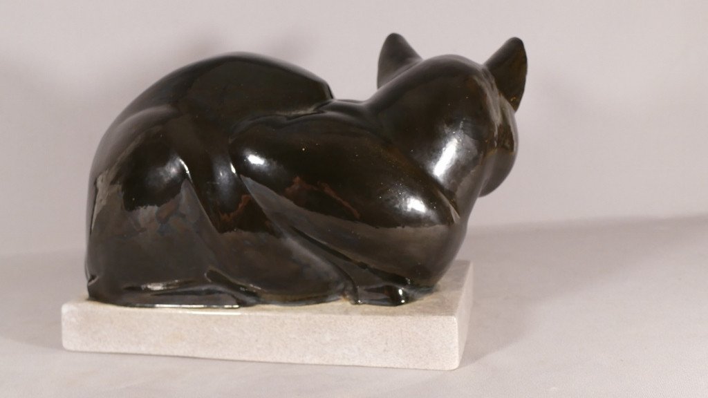 Le Chat, Sculpture En Terre Cuite émaillée Gabriel Beauvais, Kaza édition France, 1930-photo-3