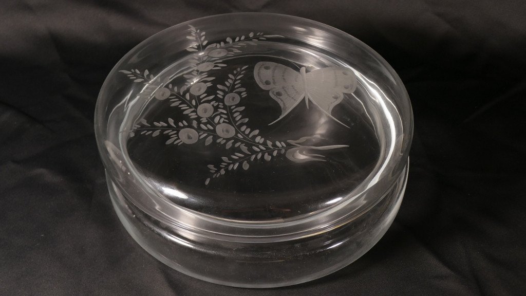 Large Flat Glass Box Engraved With Butterfly And Flowers, Early Twentieth Time