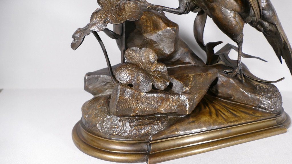 Jules Moigniez, Grand Bronze Animalier La Poule Faisane, Faisan, XIX ème-photo-3