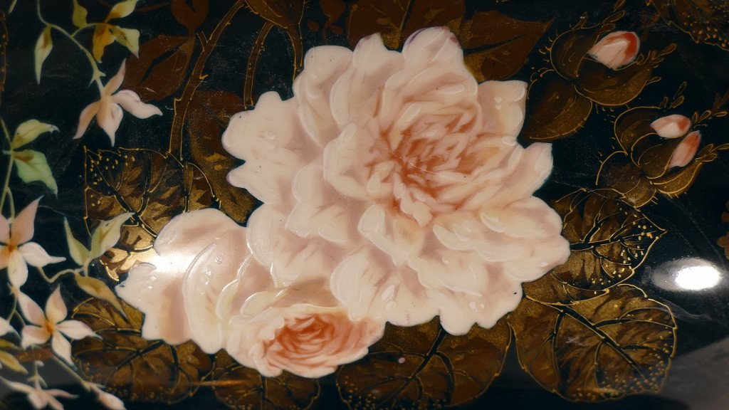 Jardinière En Porcelaine Aux Roses Sur Fond Noir, Limoges, Fin XIX ème-photo-2