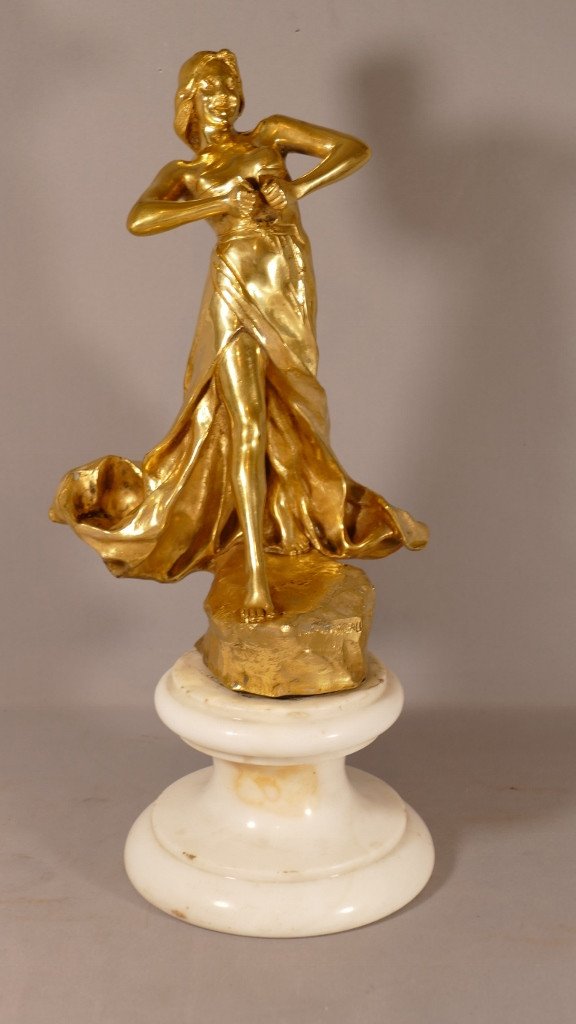 Pierre Félix Fix-masseau (1869-1937), Petite Folle, Statuette En Bronze Doré Sur Socle Marbre