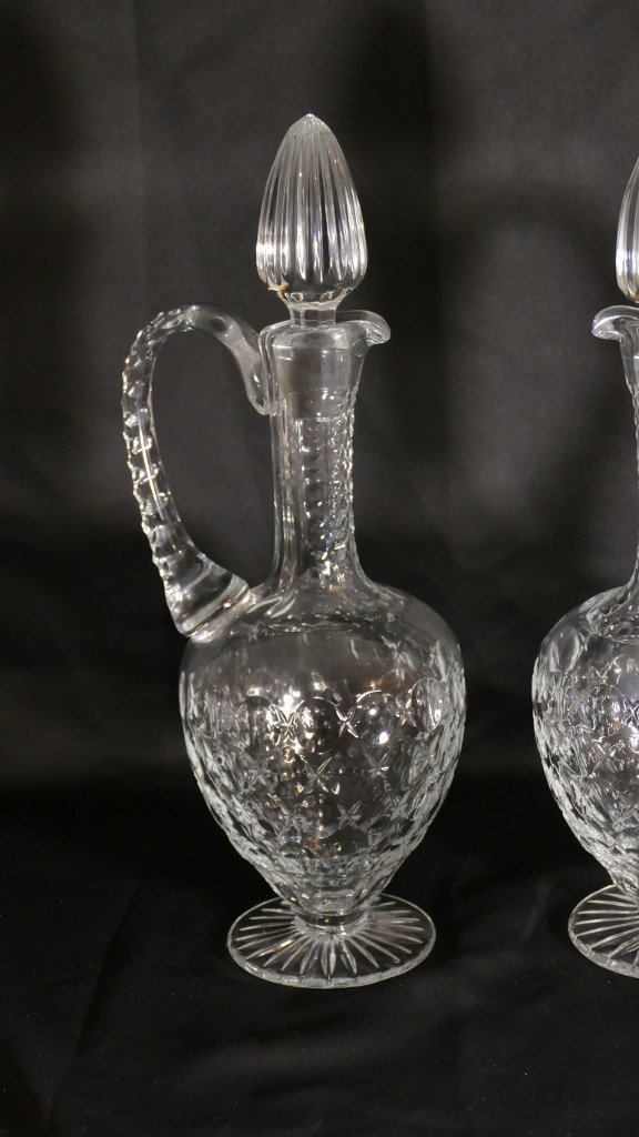 Pair Of Ewers, Water Or Wine Carafes In Cut Crystal, Early Twentieth Time-photo-2