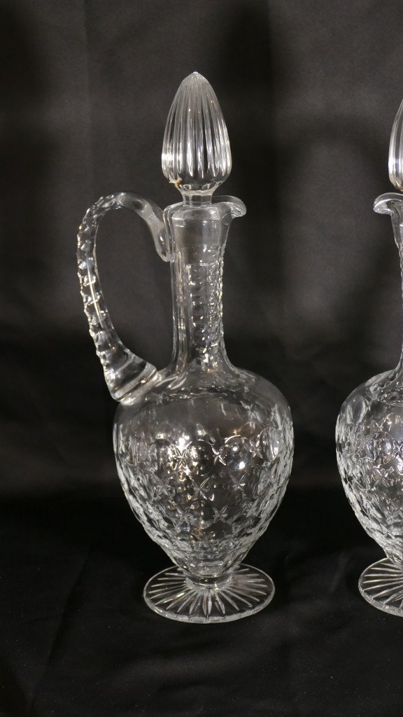 Paire d'Aiguières, Carafes à Eau Ou Vin En Cristal Taillé, époque Début XX ème-photo-2