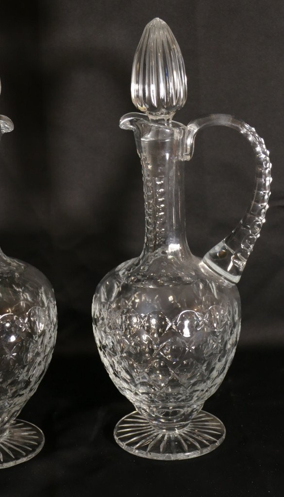 Paire d'Aiguières, Carafes à Eau Ou Vin En Cristal Taillé, époque Début XX ème-photo-3