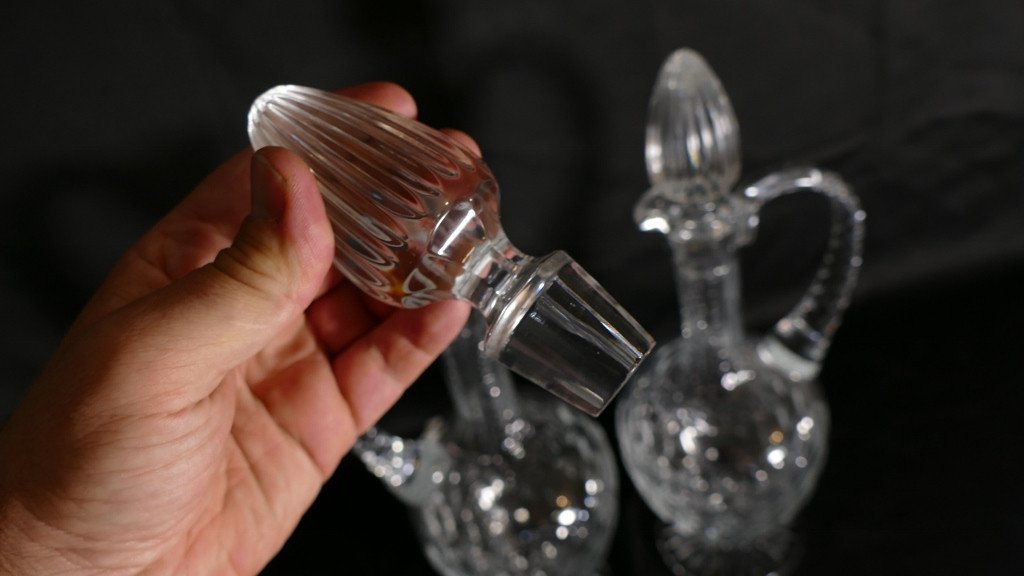 Paire d'Aiguières, Carafes à Eau Ou Vin En Cristal Taillé, époque Début XX ème-photo-3