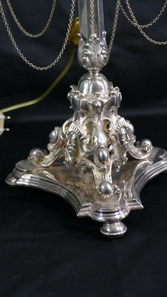Large Candelabra Lamp With 7 Lights In Silver Lined Metal, England, Mid-19th Century-photo-3