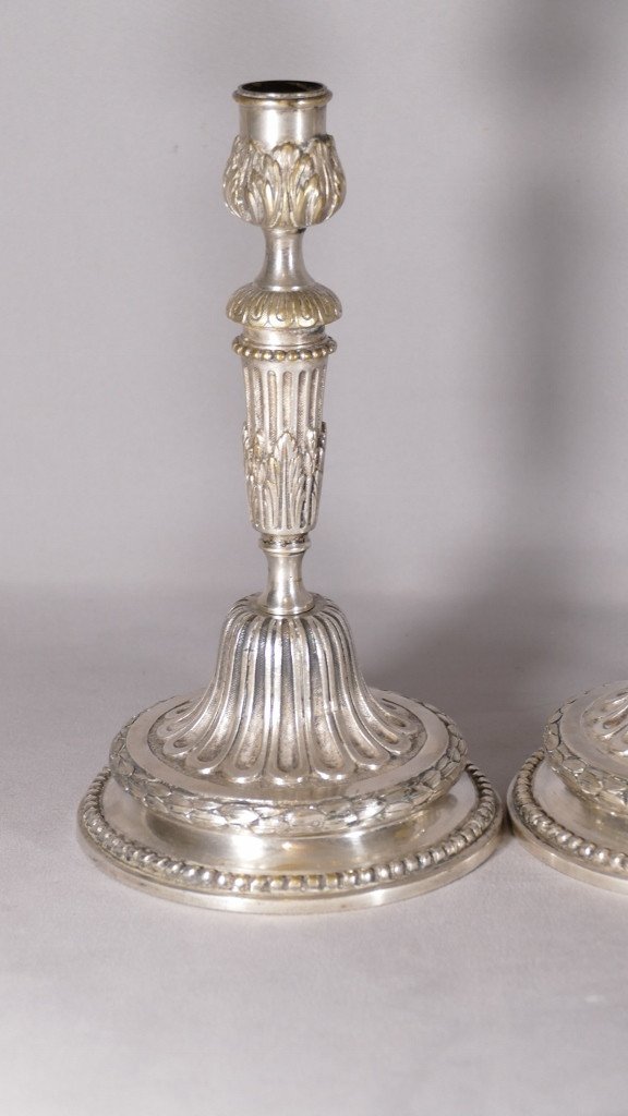 Paire De Flambeaux Bronze Argenté Style Louis XVI, époque Début XIX ème-photo-2