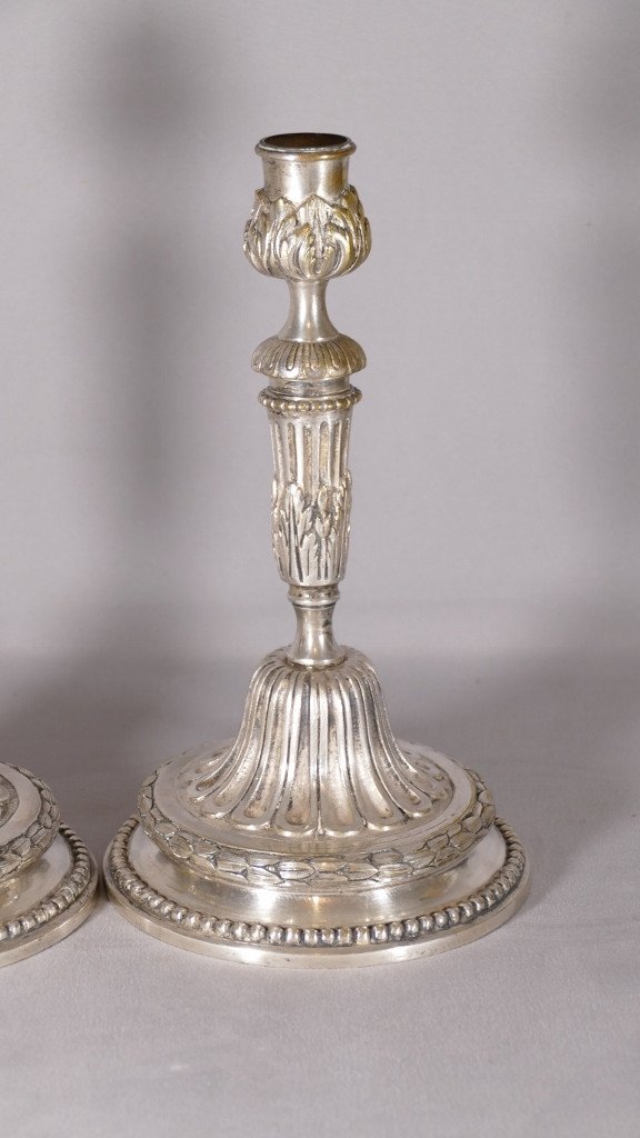 Paire De Flambeaux Bronze Argenté Style Louis XVI, époque Début XIX ème-photo-3