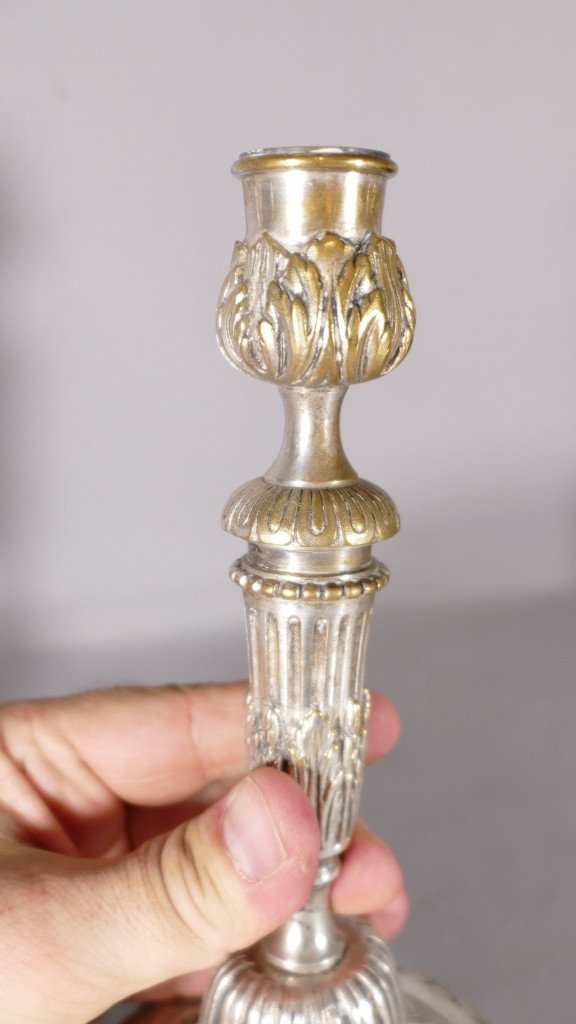 Paire De Flambeaux Bronze Argenté Style Louis XVI, époque Début XIX ème-photo-4