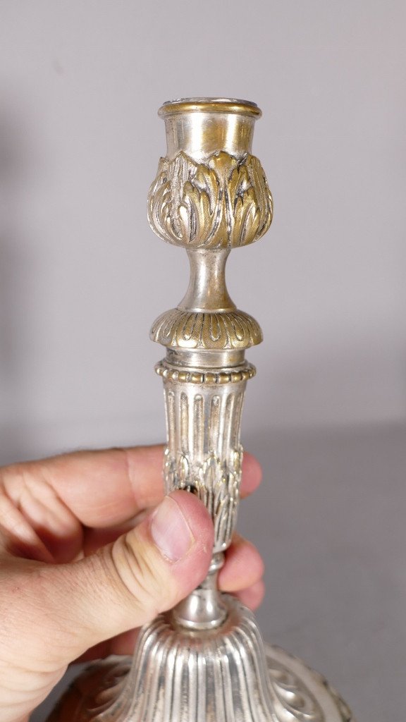 Paire De Flambeaux Bronze Argenté Style Louis XVI, époque Début XIX ème-photo-5