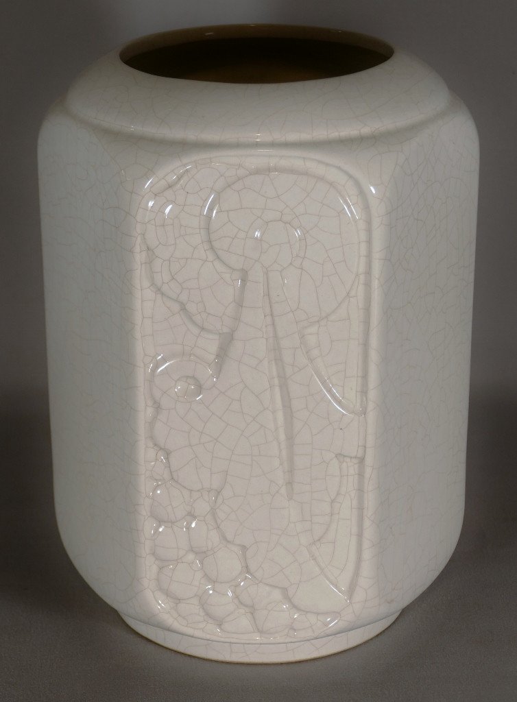 Vase Art Déco En Faïence Craquelée, Motif Géométrique Vers 1930-photo-2