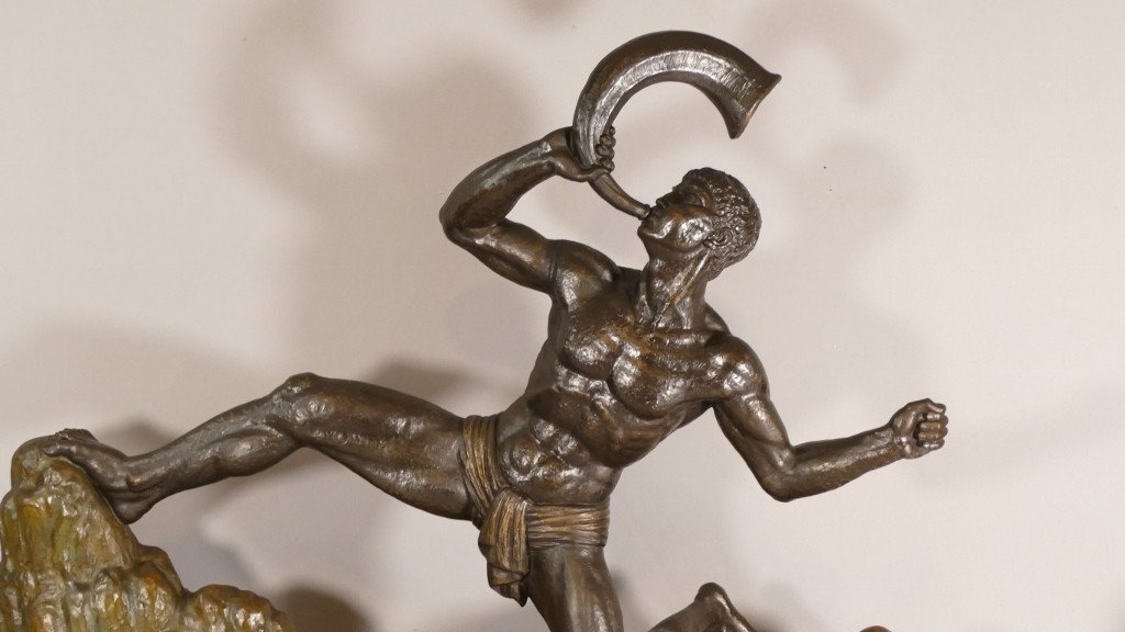 Lucien Gibert, Warrior At The Olifant, Art Deco Bronze Patinated Metal Sculpture-photo-3