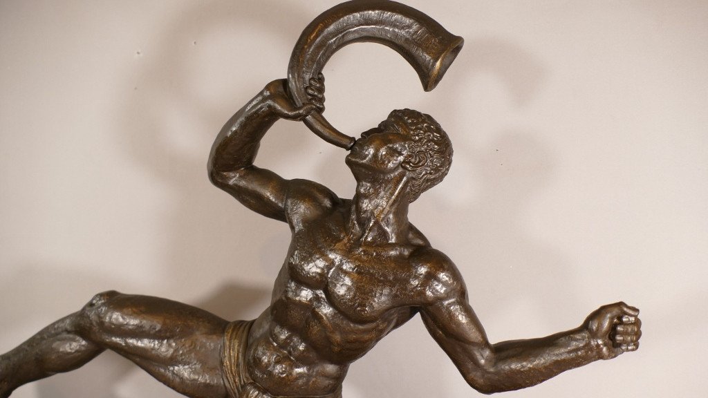 Lucien Gibert, Warrior At The Olifant, Art Deco Bronze Patinated Metal Sculpture-photo-3