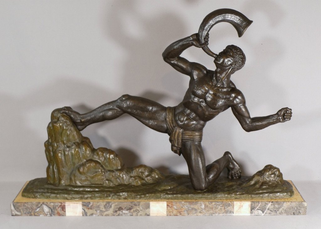 Lucien Gibert, Guerrier à l'Olifant, Sculpture Art Déco En Métal Patiné Bronze