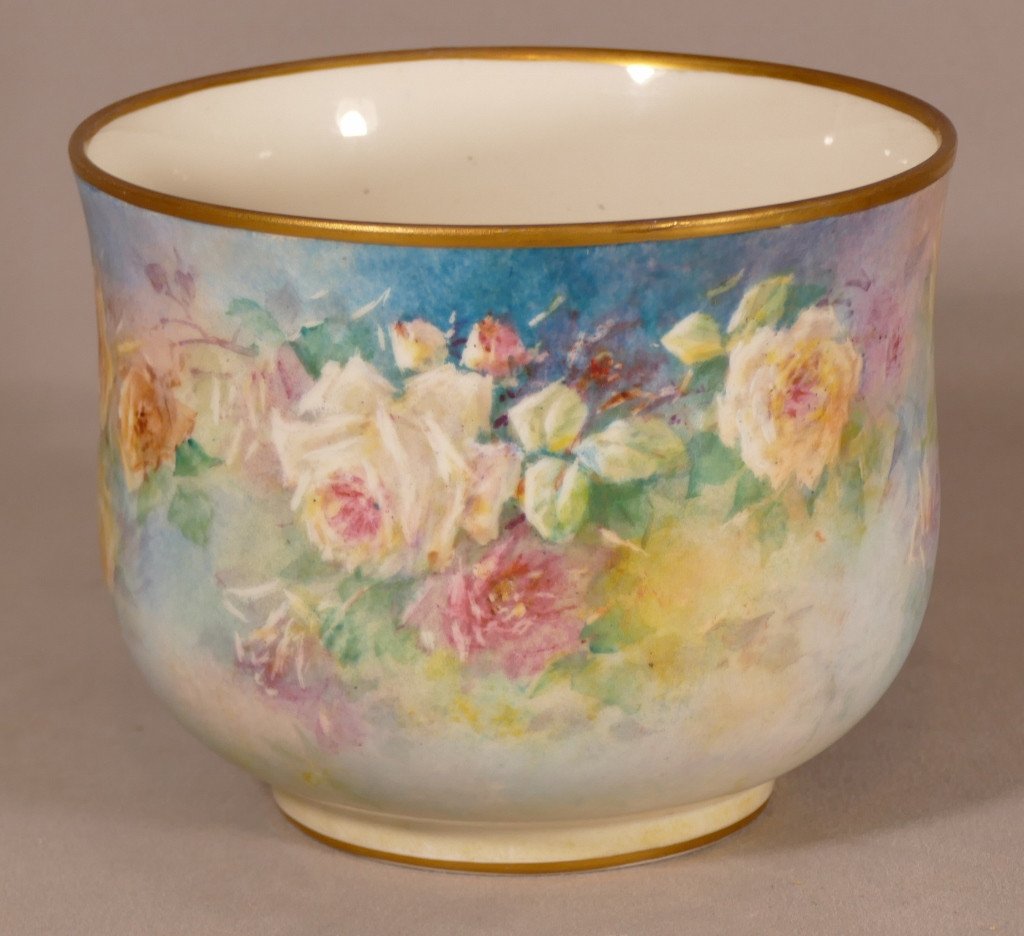 Cache Pot Aux Roses, Porcelaine De Limoges Peinte à La Main, Marcadet, Début XX ème 