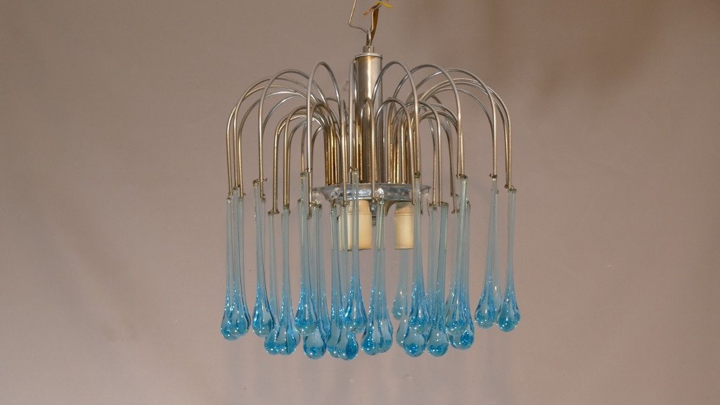 Murano Glass Blue Drops Waterfall Ceiling Chandelier, 1960s-photo-2