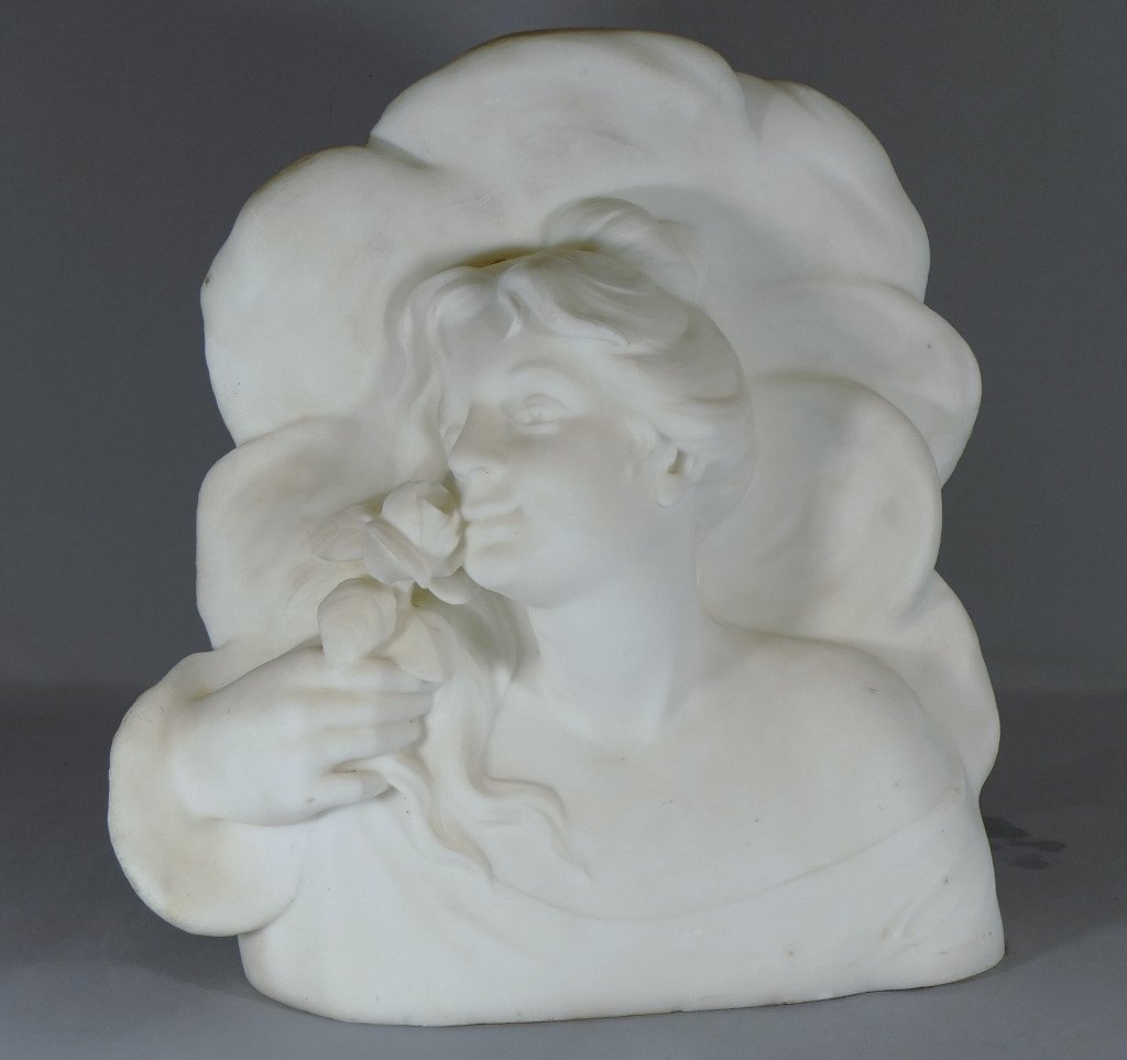 Marble Sculpture, Bust Of A Woman With A Rose, Art Nouveau Late Nineteenth Time-photo-2