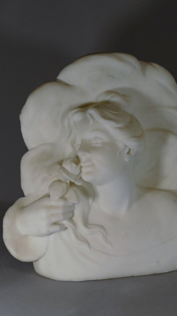 Marble Sculpture, Bust Of A Woman With A Rose, Art Nouveau Late Nineteenth Time-photo-3