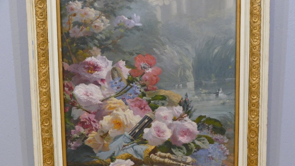 Pierre Bourgogne (1838-1904), Oil On Canvas Painting Thrown With Flowers And Landscape Of Ruins-photo-3