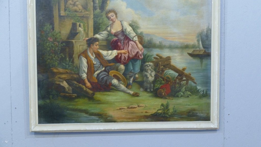 Large Table Gallant Couple At La Fontaine, Oil On Canvas XIX-photo-4