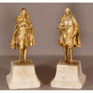 Colbert And Fouquet, Pair Of Gilt Bronze Statuettes XIXth Century