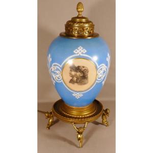 Signed Baccarat, Large Night Light In Blue Opaline With Antique Profiles And Bronze With Cherubs