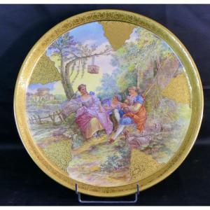 Pastoral Loves After Boucher, Large Hand-painted Porcelain Dish, Gold Inlay