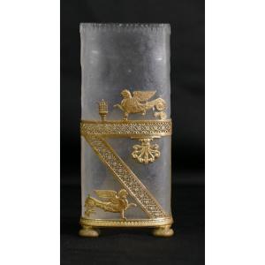 Charles X Period Vase In Frosted Glass And Chiseled And Gilded Bronze, XIXth Time