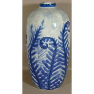 Camille Tharaud, Grand Vase Art Déco Fougères Bleues En Porcelaine De Limoges