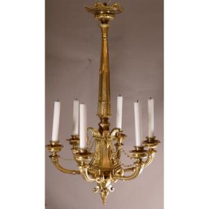 Empire Style Candle Chandelier In Gilt Bronze, XIXth Time