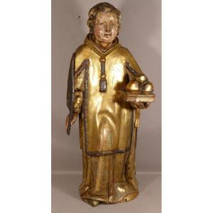 Saint Etienne, 18th Century Religious Statue, Polychrome And Gilded Carved Wood