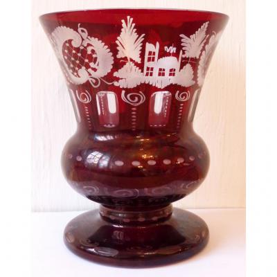 Vase Medici In Bohemia Crystal Engraved Red And Transparent, Early Twentieth