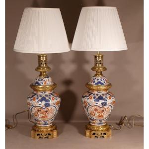 Paire De Lampes Imari En Porcelaine Et Bronze Doré, époque XIX ème