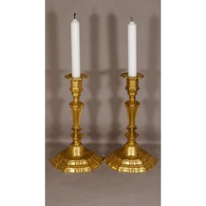 Pair Of Regency Candlesticks In Chased And Gilded Bronze XVIIIth Century