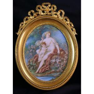 Venus And Love After François Boucher, Miniature On Ivory Frame Signed Picard, XIX