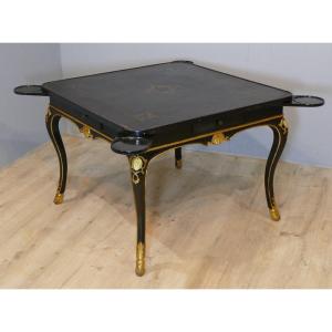 Table à Jeux Style Régence En Bois Laqué Noir Et Doré à La Feuille d'Or, époque Début XX ème