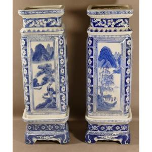 Pair Of Blue And White Porcelain Vases, China, Mid 20th Century