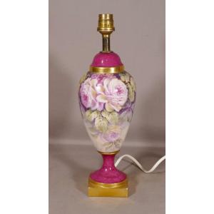 Limoges Porcelain Lamp Base With Hand Painted Roses, XXth