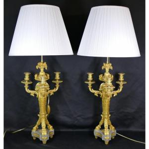 Pair Of Louis XVI Style Candelabra Lamps In Gilt Bronze And Turquin Marble, XIXth
