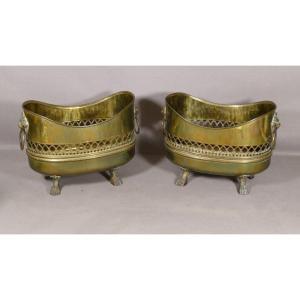 Pair Of Table Planters With Lions In Empire Style Brass, XXth