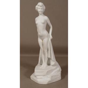 Joe Descomps Et Haviland, Jeune Femme Au Bain, Statuette En Biscuit De Porcelaine Art Déco