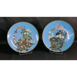 Paire De Plats Japonais En Bronze Cloisonné, Fleurs, Papillon Et Oiseau, XIX ème Siècle