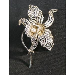 Broche Iris En Argent Massif Filigrané, Poinçon .800, Début XX ème