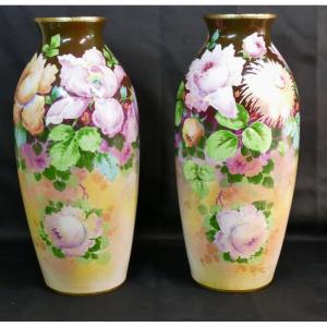 Roses, Irises And Dahlias, Pair Of Large Limoges Porcelain Vases By Poujol, Early 20th Century
