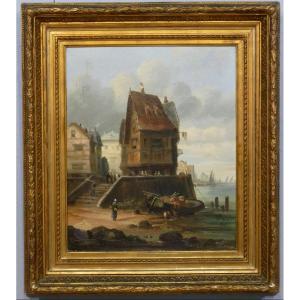 Animated Norman Seaside Village, Oil On Canvas By E Valin 1881, 2nd Of A Pair