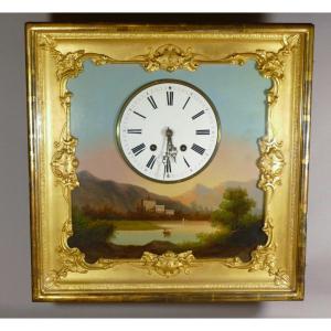 Charles X Period Clock Painting, Landscape And Wire Clock, XIX