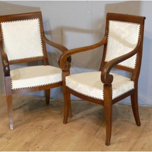 Pair Of Restoration Armchairs In Walnut, Model With Crosses, Early 19th Century