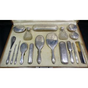 Coffret Service De Toilette En Argent Massif Et Cristal, 17 Pièces, Italie, XIX ème